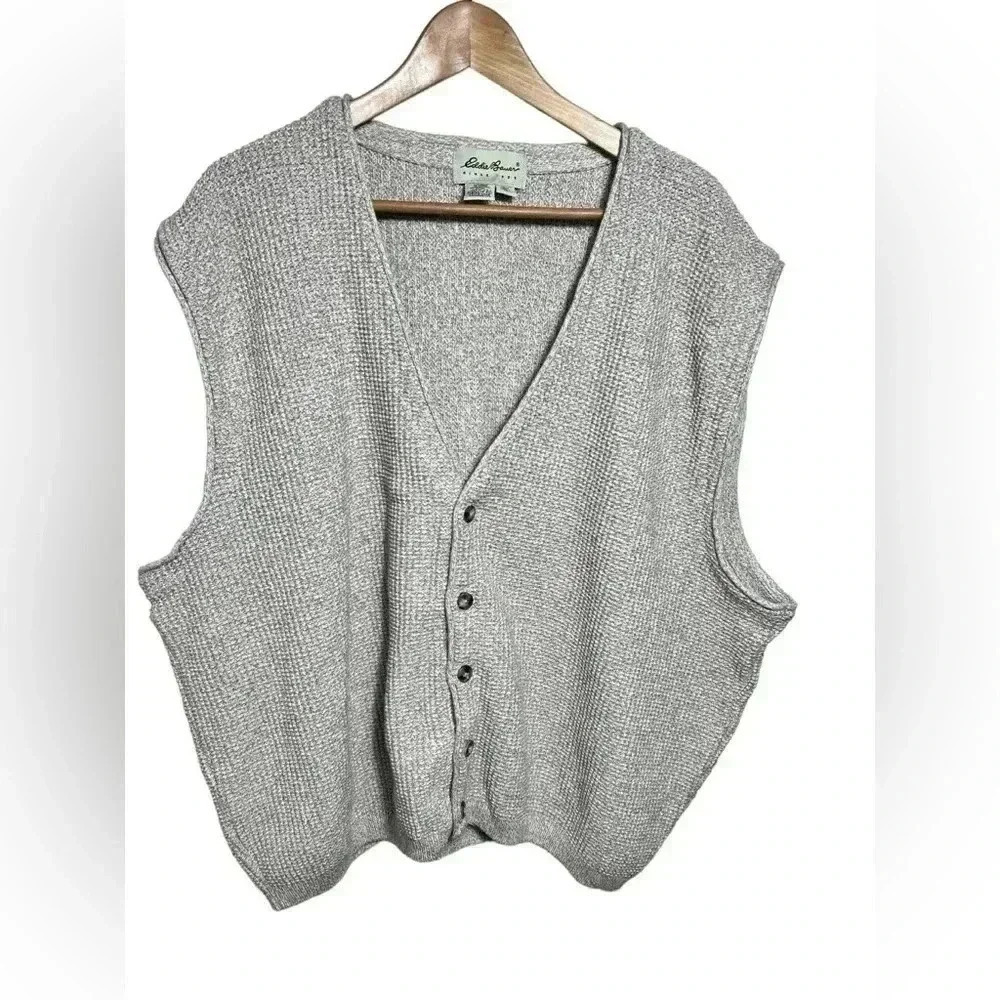 VINTAGE Eddie Bauer Sweater Vest Cardigan Beige Chunky Knit Made in USA Mens XL
